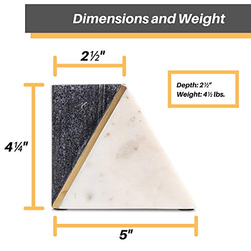 Cork & Mill Sujetalibros de mármol, juego de 2 tapones decorativos pesados con parte inferior antideslizante, decoración hecha a mano de mármol sólido (blanco/gris + latón)