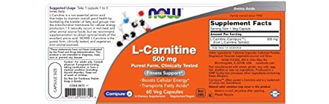 NOW® L-Carnitina, 500 mg, 60 cápsulas de verduras