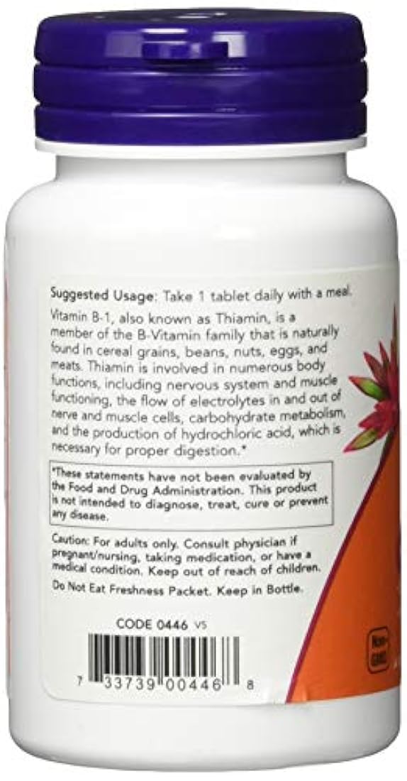 Suplementos NOW, Vitamina B-1 100 mg, Producción Energética*, Salud del Sistema Nervioso*, 100 comprimidos