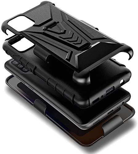 NZND Funda para Samsung Galaxy A03S con protector de pantalla de vidrio templado (máxima cobertura), funda de clip para cinturón con soporte integrado, resistente a los golpes, funda protectora protectora protectora a prueba de golpes (negro)