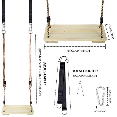 NOSTIFY Hamaca colgante de madera nostálgica para patio al aire libre y jardín, zona de juegos, altura ajustable y 2 correas de conexión