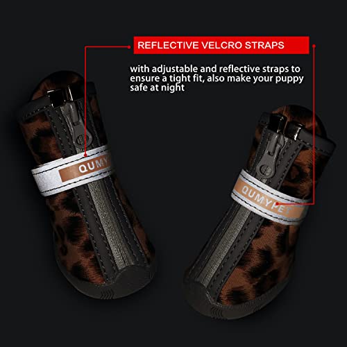 QUMY - Botas para perros pequeños y cachorros, impermeables, para la nieve del invierno, con franja reflectante, suaves y cómodas, con suela de goma antideslizante, estilo leopardo, 4 unidades