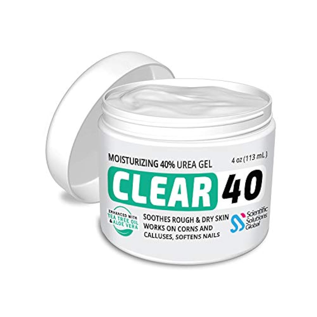 Clear 40, 40% Urea Gel, 4 oz con árbol de té y aceite de coco, extracto de aloe vera, removedor de callos y maíz, hidrata y suaviza los talones agrietados, pies, codos, manos, uñas, rehidrata la piel mejor que las cremas.