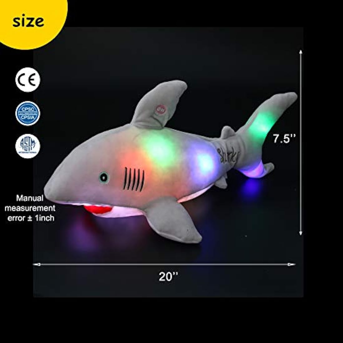 Peluche diseño de Tiburón Gris con luz LED, 20.0in, Bstaofy