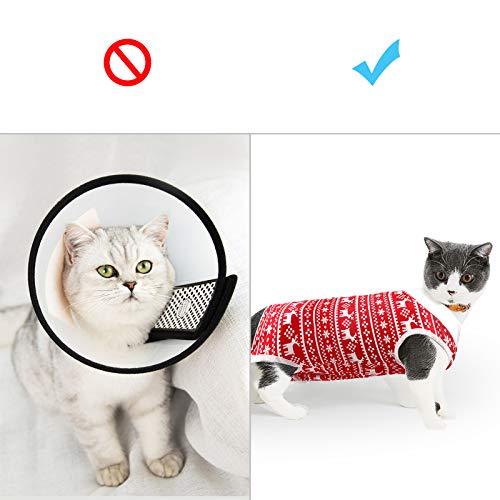 Accesorio traje de recuperación para gatos para heridas abdominales o enfermedades de la piel, alternativa de cuello electrónico para gatos y perros, después de la cirugía, traje de pijama (pequeño, rojo navideño)