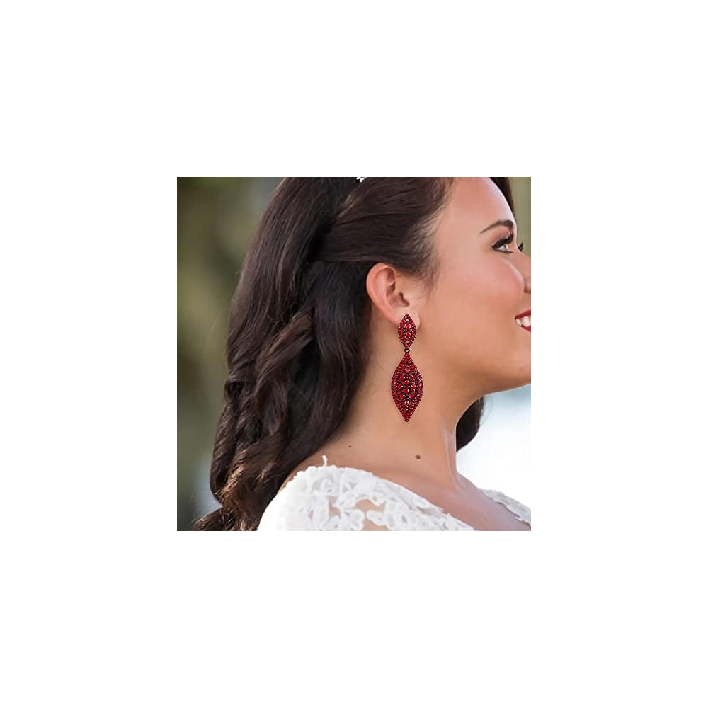 Aretes colgantes de 2 hojas con cristales de estrás rojo
