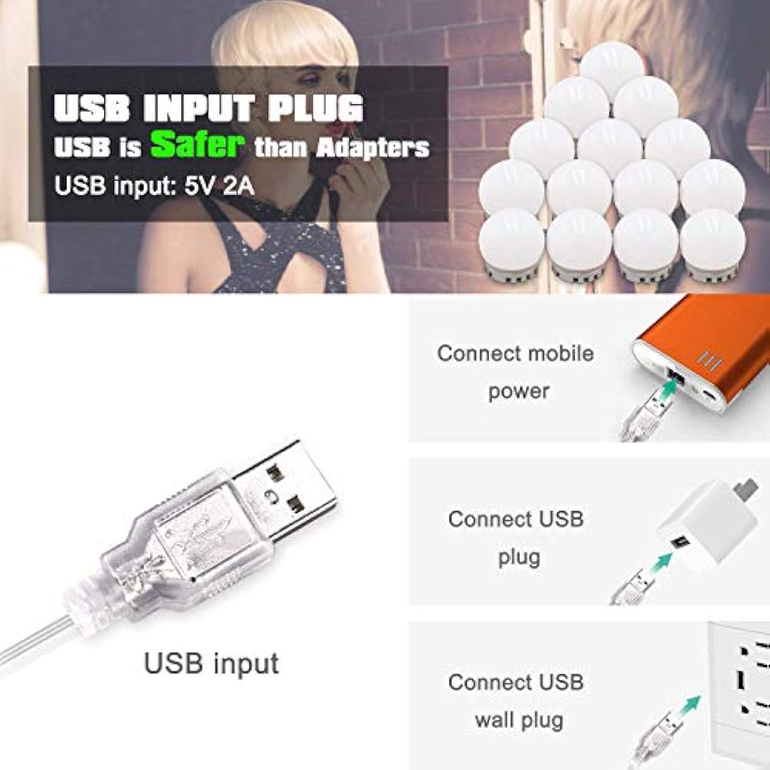 luces de espejo de tocador de color ajustable y brillo