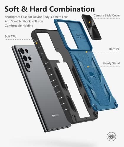 Funda para Samsung Galaxy S22 Ultra: resistente funda protectora S22 Ultra 5G con soporte y deslizamiento integrados, TPU a prueba de golpes, diseño mate texturizado de grado militar, protección contra caídas - Azul