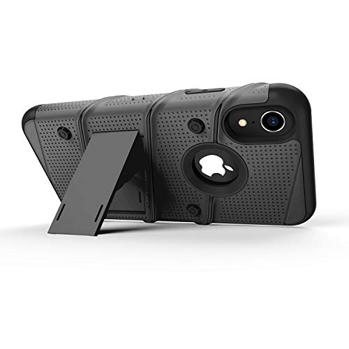 Serie Zizo Bolt funda para iPhone XR de grado militar con protector de pantalla de vidrio templado, clip de cinturón, soporte, Gun Metal Gris/Negro