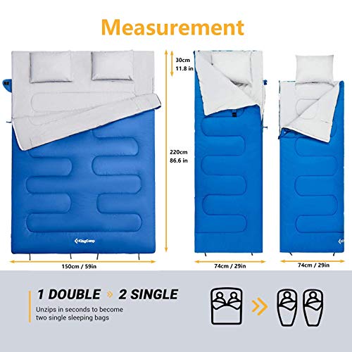 KingCamp Saco de dormir doble de 20 grados, saco de dormir para 2 personas, para adultos, pareja, familia, con almohadas, ligero, para acampar, senderismo, mochileros, exteriores, impermeable, 87 x 59 pulgadas