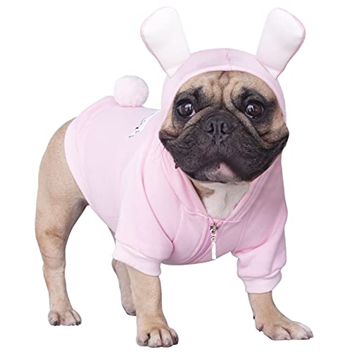 iChoue - Disfraz de conejito para perro, para el día de Halloween, otoño, suéter lindo y divertido para clima frío, abrigos de invierno, sudaderas con capucha, ropa pequeña y mediana para cachorros Bulldog francés, Pug, Pitbull y Corgi, talla L Plus