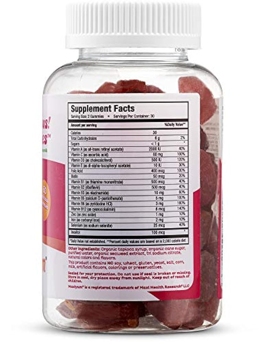 Maxi-Health Multi-Licious Vitaminas para adultos (60 gomas) masticables diarias multivitaminas de hierro, biotina, ácido fólico, suave, natural, orgánico, sabor de cerezo Kosher