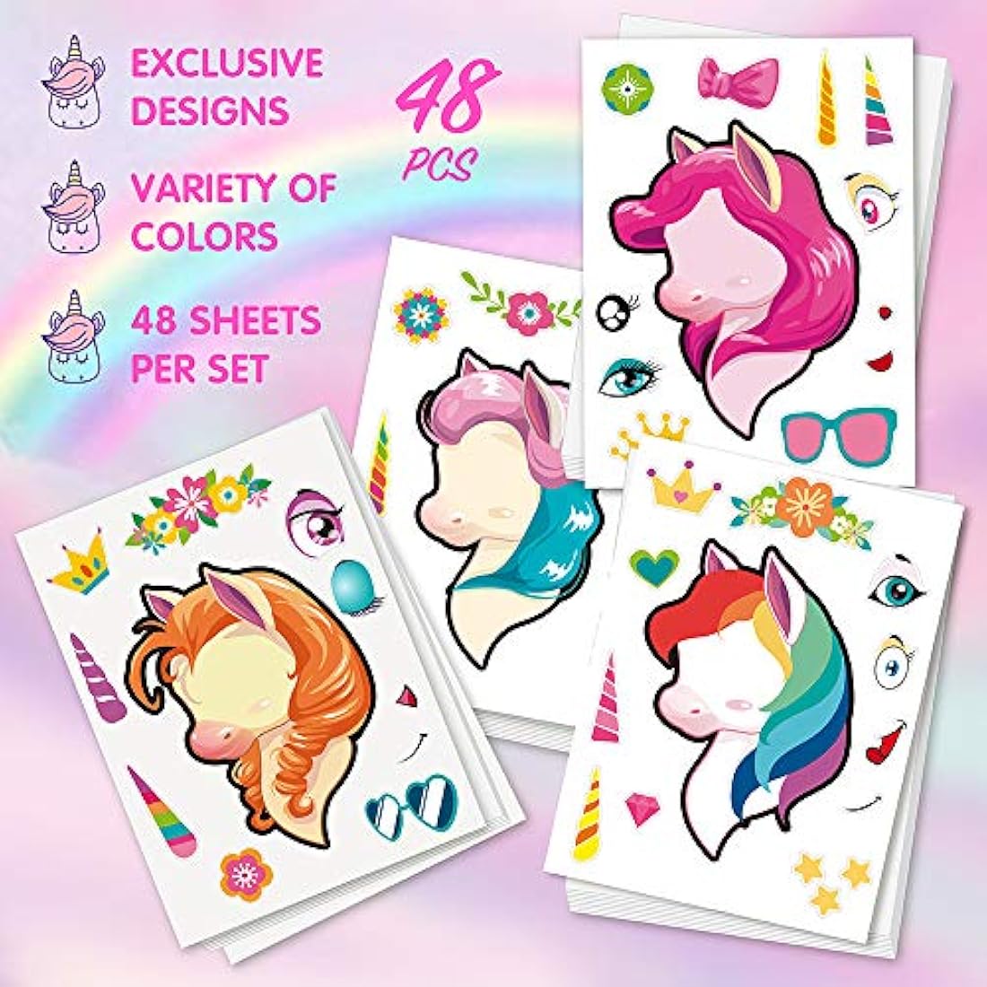 Mocoosy - 48 pegatinas de cara de unicornio para niños
