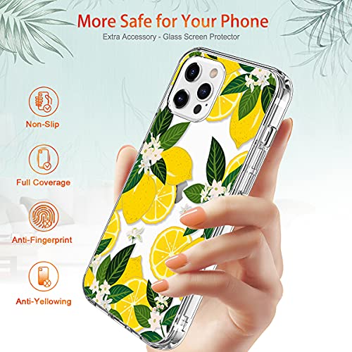 GiiKa Funda para iPhone 12 Pro Max con protector de pantalla, transparente cuerpo completo a prueba de golpes de protección floral niñas mujeres caso duro con TPU parachoques cubierta teléfono caso para iPhone 12 Pro Max, amarillo limones