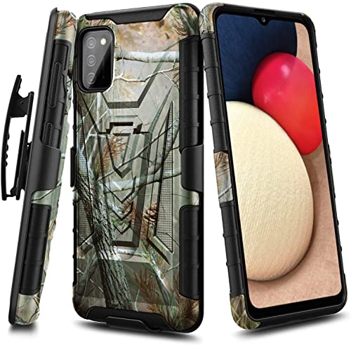 NZND Funda para Samsung Galaxy A03S con protector de pantalla de vidrio templado (cobertura máxima), funda de clip para cinturón con soporte integrado, resistente a prueba de golpes (camuflaje)