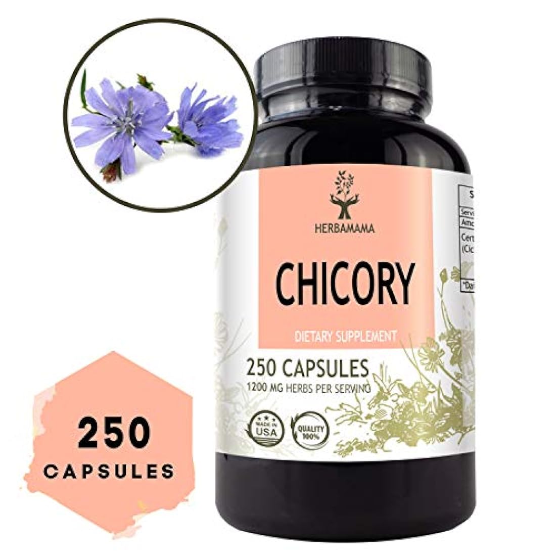 Achicoria 250 Cápsulas 500 mg Relleno con raíz de achicoria