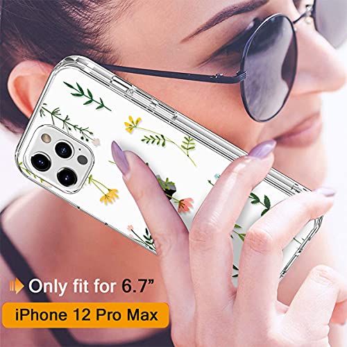GiiKa Funda para iPhone 12 Pro Max con protector de pantalla, transparente cuerpo completo a prueba de golpes de protección floral niñas mujeres caso duro con TPU parachoques cubierta teléfono caso para iPhone 12 Pro Max, flores de hierba