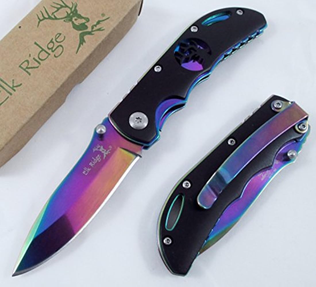 Cuchillo Elk Ridge Rainbow con marco negro overlay con alces cutout cuchillo