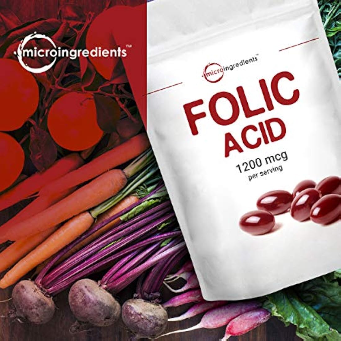 Micro Ingredientes Ácido fólico 1200mcg, 500 cápsulas blandas, Vitamina de Ácido fólico Premium, Apoya la Salud del Corazón y el Desarrollo Prenatal, sin OMG y sin gluten