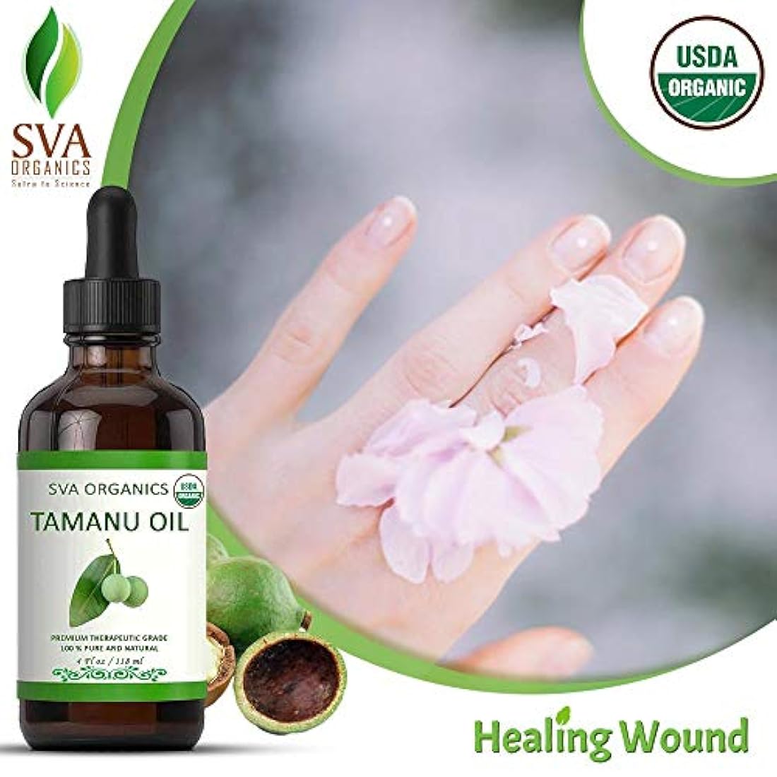 Aceite de tamanu orgánico certificado USDA prensado en frío 4 oz (118 ML) – 100% puro natural de grado premium por SVA Organics – sin refinar aromático, perfecto para la piel del cabello, la cara y la piel natural aceite tradicional