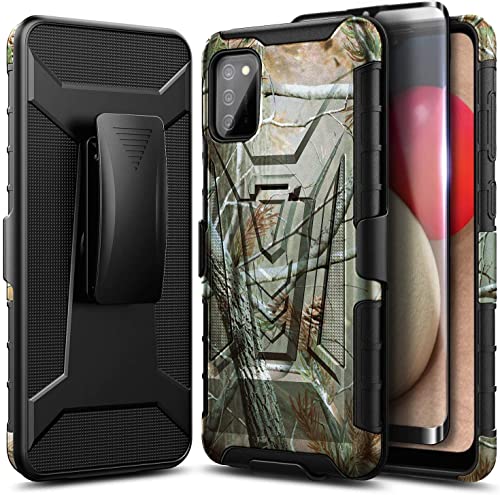 NZND Funda para Samsung Galaxy A03S con protector de pantalla de vidrio templado (cobertura máxima), funda de clip para cinturón con soporte integrado, resistente a prueba de golpes (camuflaje)