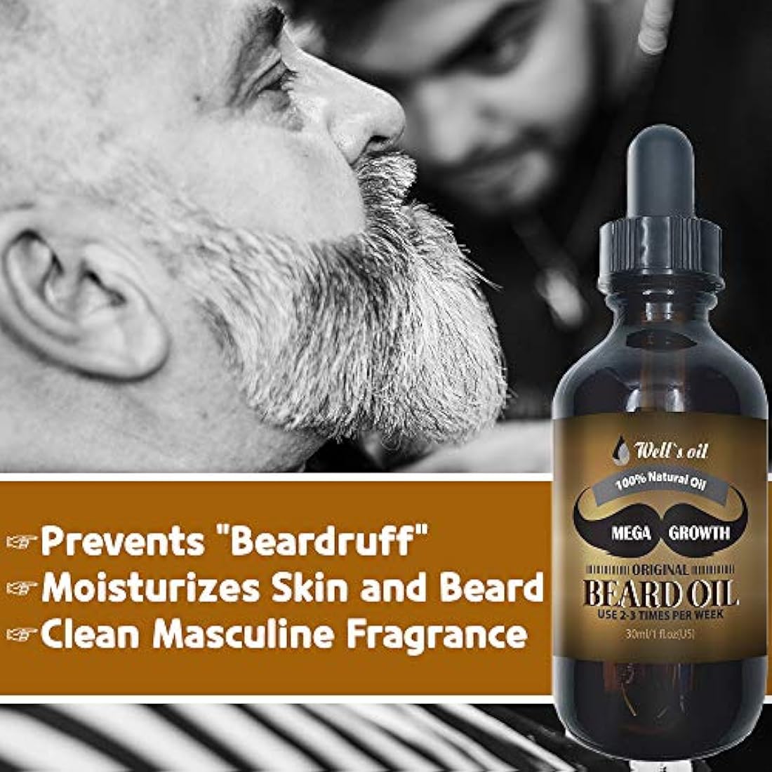Aceite de barba de Well's de 1.0 fl oz, aceite de barba de crecimiento Mega, ingredientes 100% naturales, regalo perfecto para hombres, limpia el barro, evita el descamación, la sequedad y la picazón.