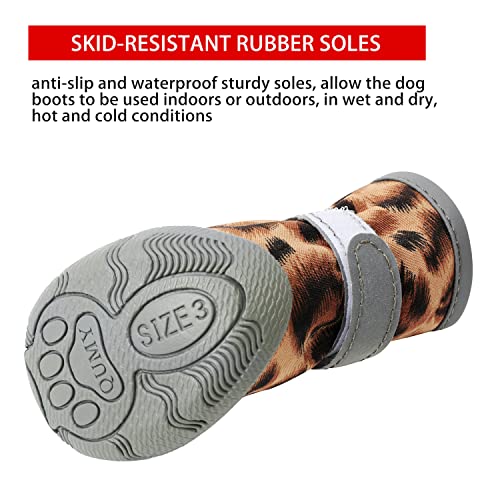 QUMY - Botas para perros pequeños y cachorros, impermeables, para la nieve del invierno, con franja reflectante, suaves y cómodas, con suela de goma antideslizante, estilo leopardo, 4 unidades
