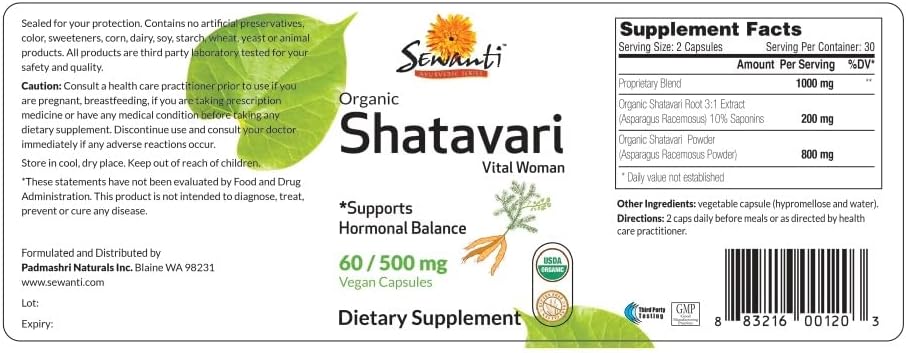 Suplemento Sewanti Shatavari Cápsulas Raíz de espárragos