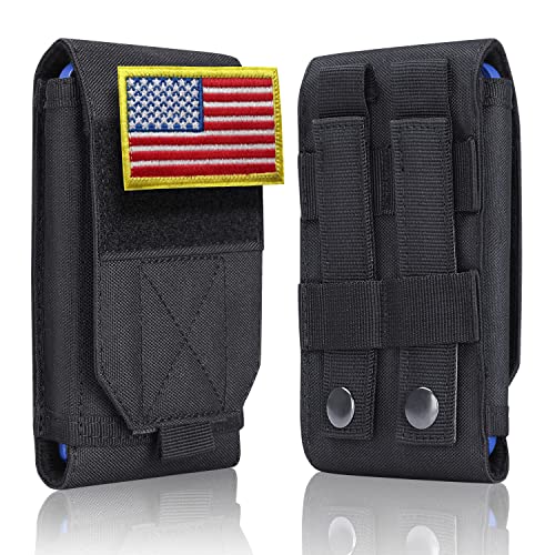 Heyqie Funda táctica negra Molle para teléfono móvil, resistente al agua, para iPhone 11, 12, 13, Pro Max, Samsung S22, S21, S20, FE Note 20, A02S, menos de 6.7 pulgadas, con 2 parches de bandera de EE. UU