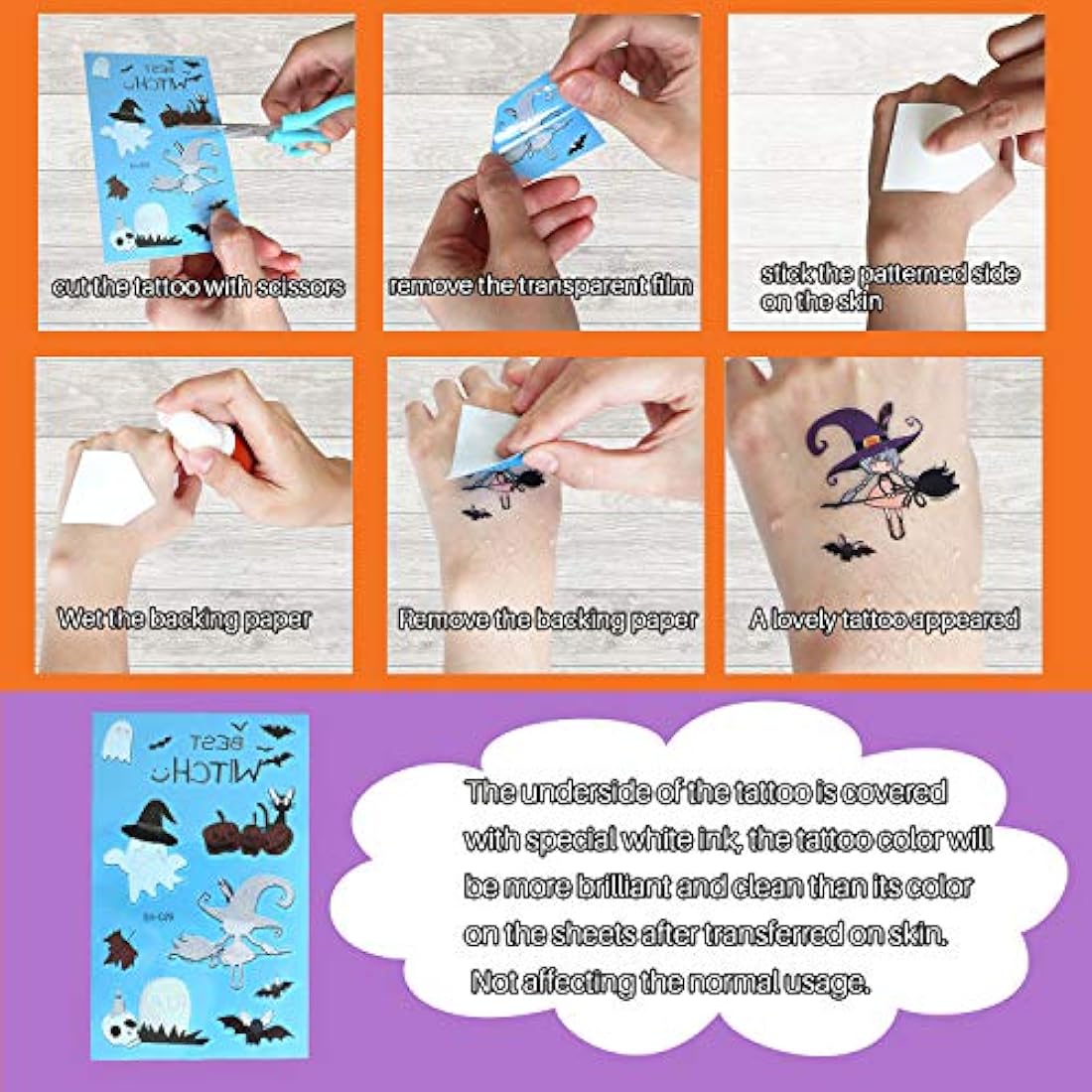10 hojas luminosas de tatuajes temporales de Halloween