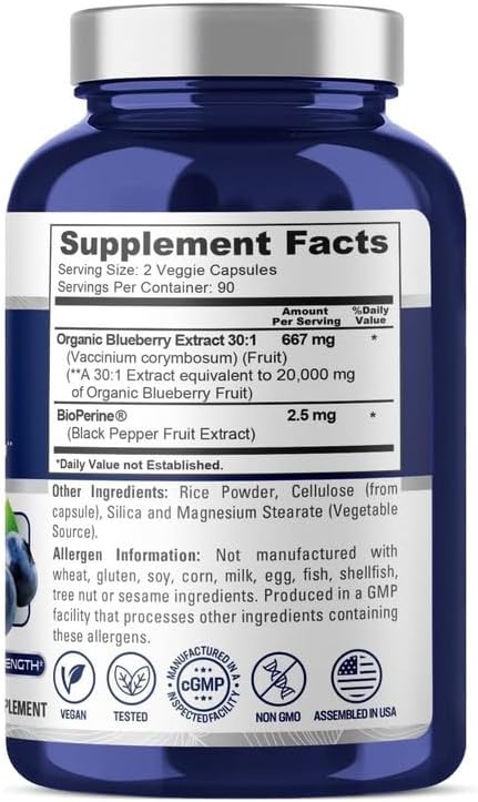 Concentrado de Arándanos 20,000 mg - Extracto 30:1, 180 Cápsulas Vegetales