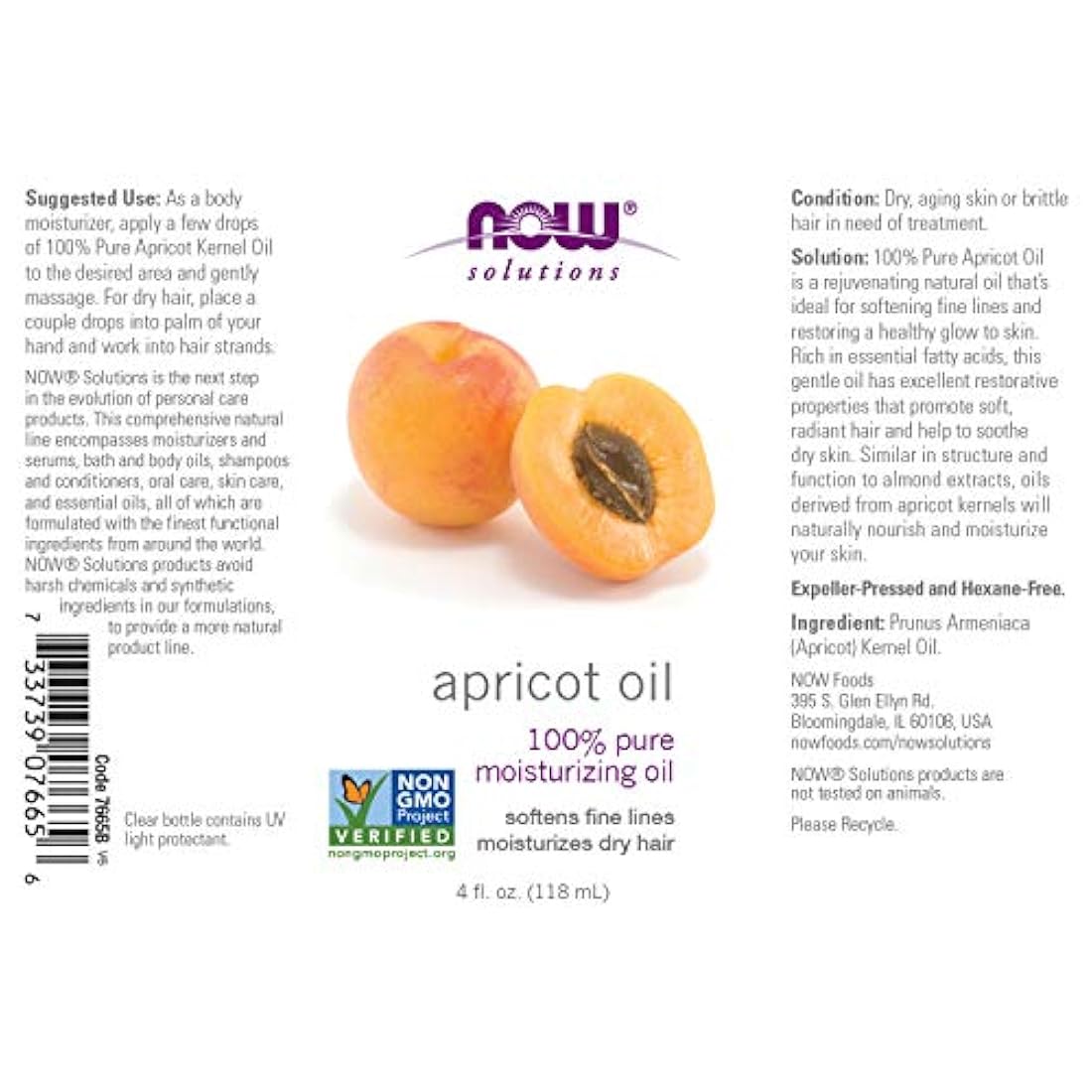 Aceite de albaricoque Now Foods 100% puro hidratante, 4 onza