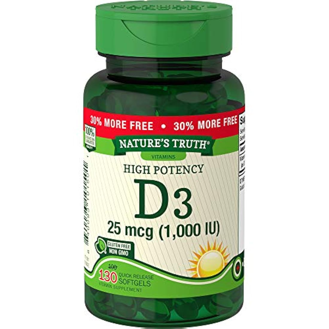 Vitamina D3 1000 UI | 130 cápsulas blandas | Alta potencia D | Sin OMG, sin gluten, sin soja | por Nature 's Truth