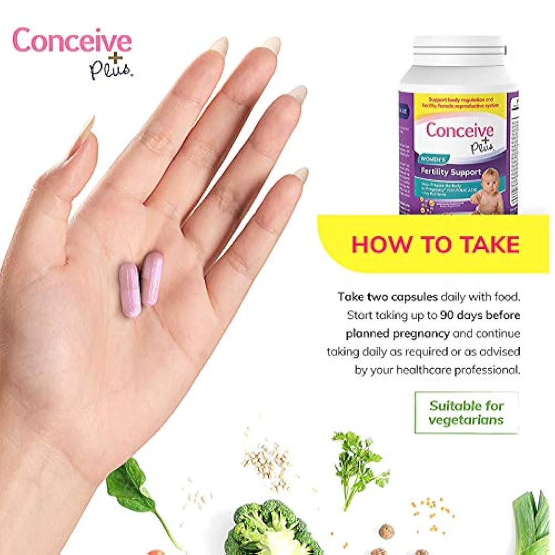Conceive Plus Vitaminas prenatales de fertilidad para mujer + nutrientes clave – Apoyo a la regulación corporal, ciclos saludables, ayuda a la concepción natural – ácido fólico folato, píldoras – 60 cápsulas vegetarianas suaves