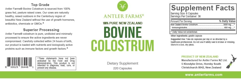 Colostro Bovino 100% Puro Antler Farms, 220 Cápsulas, 500mg