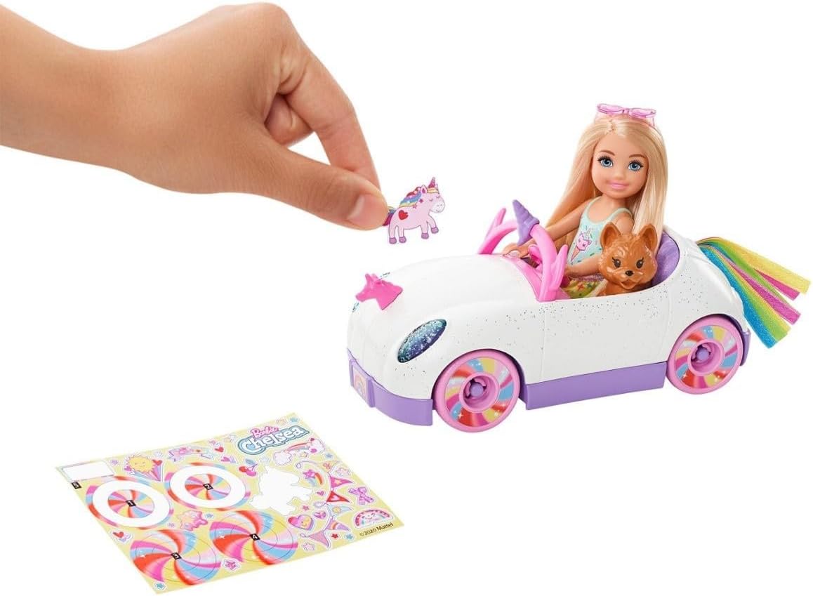 Set de coche de Barbie Chelsea con unicornio, muñeca pequeña y accesorios