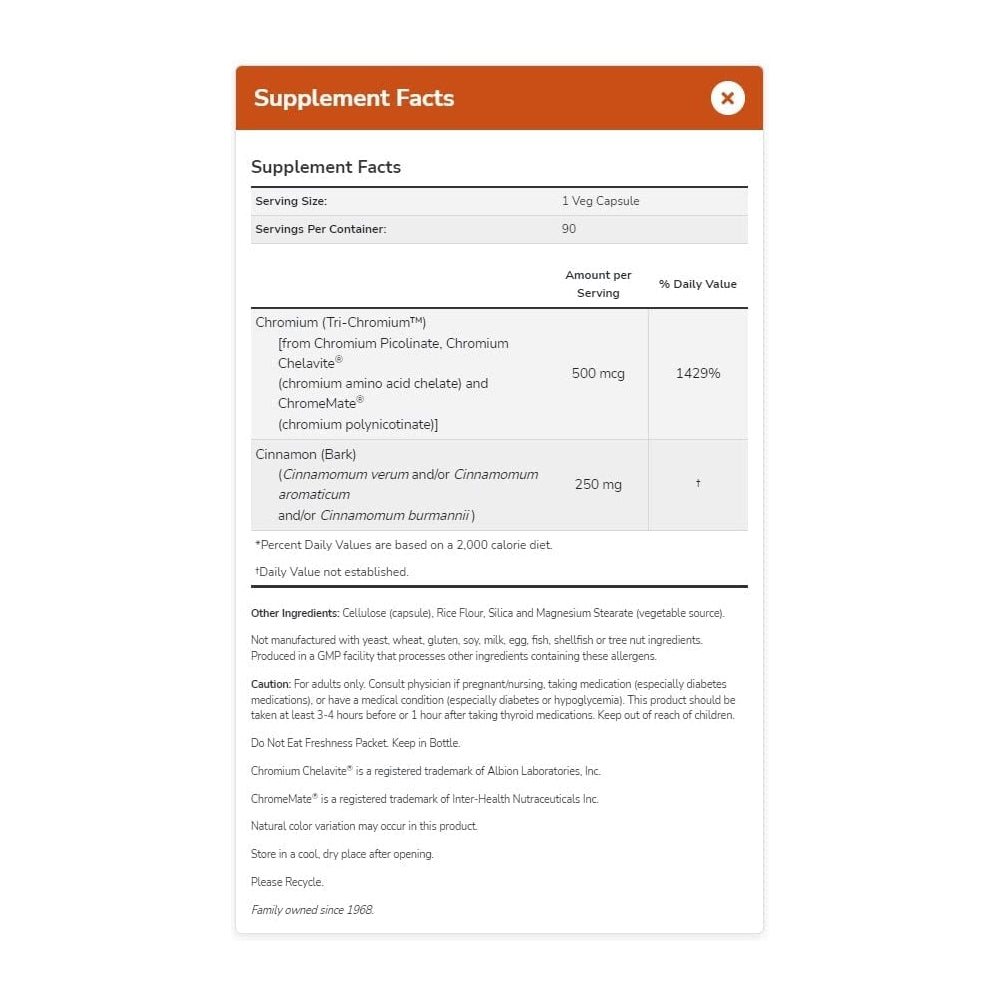 Suplemento Tri-Chromium™ 500 mcg con canela 180 cáp vegetale