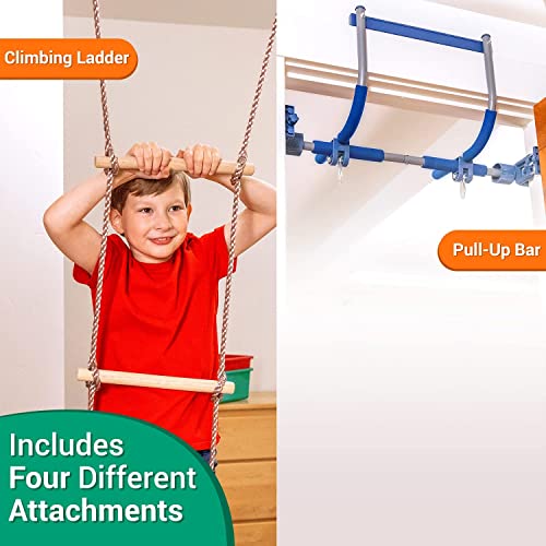 Gym1 - Juego de gimnasio de lujo para interiores para niños - Juego de gimnasio todo en uno - Cuatro formas de diversión: columpio azul para interiores, anillos de plástico, escalera de escalada y barra de dominadas