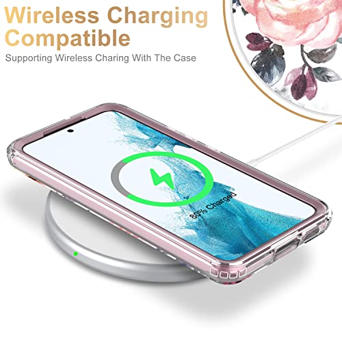 ESDOT Funda para Samsung Galaxy S22 Plus, grado militar, prueba de caída de 21 pies, resistente con diseños de moda para mujeres y niñas, funda protectora para Galaxy S22+ Plus 6.6 pulgadas, estampado con flores rosas y hojas