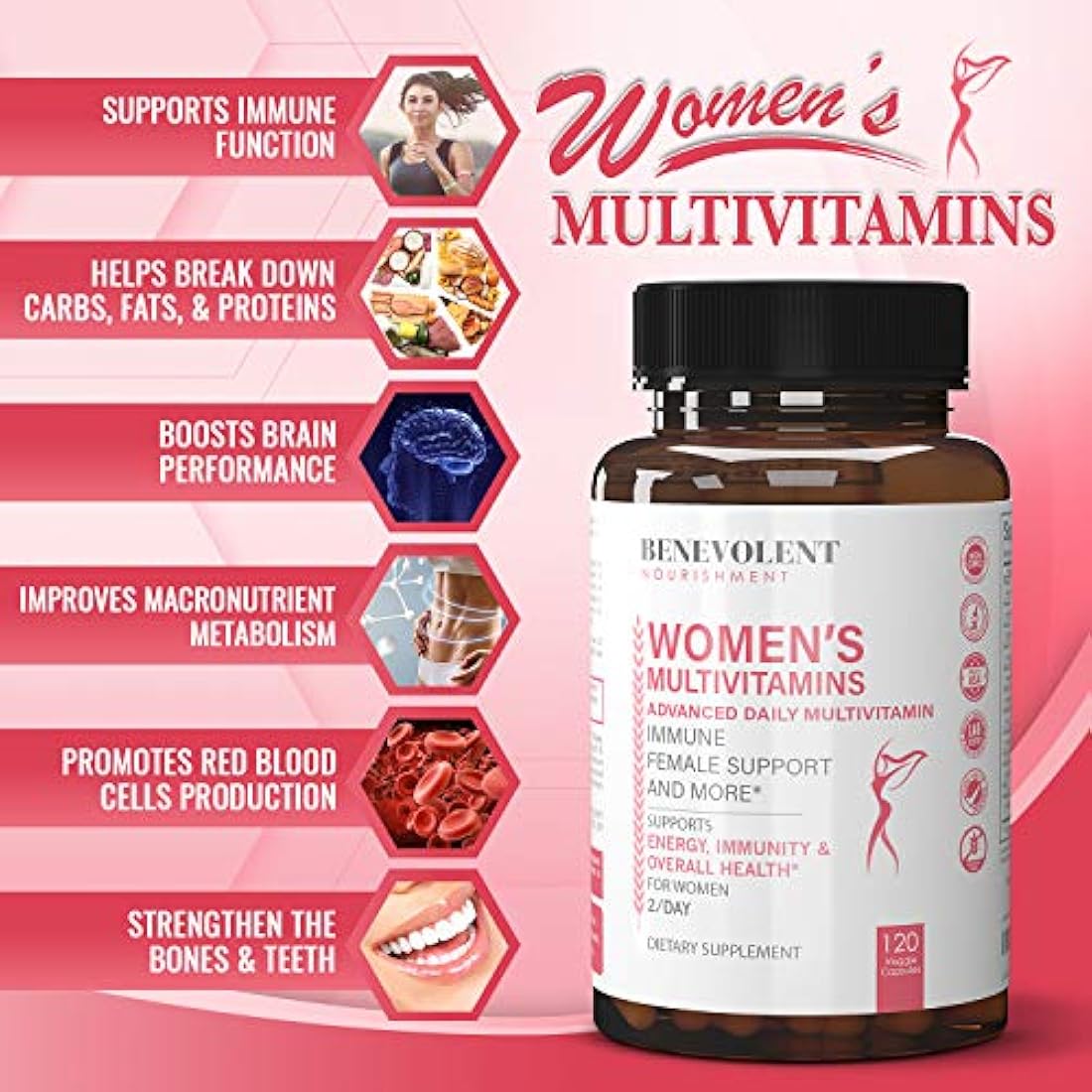 Multivitamina para mujeres - Suplemento para energía, inmunidad y apoyo femenino - Vitaminas diarias para mujeres con biotina, calcio, magnesio - Sin OGM, Multivitamina de mujeres vegetarianas - 120 cápsulas