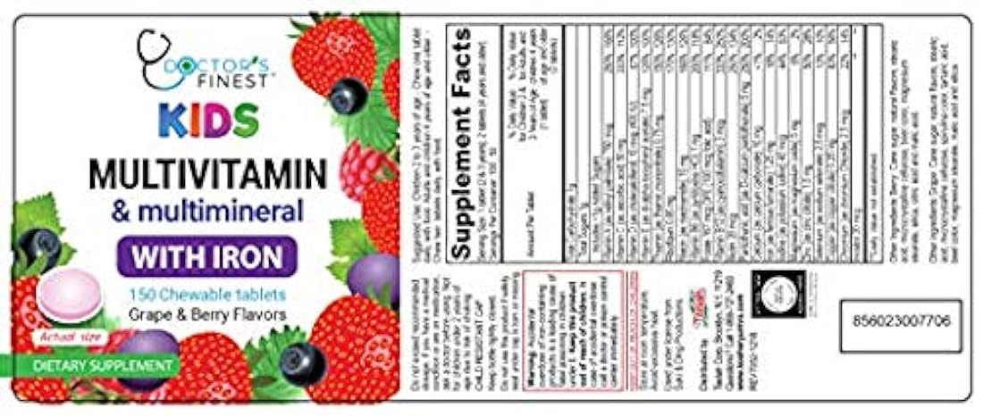 Doctors Finest Multivitamin & Multimineral w/Iron Chewables for Kids - Vegetarian - GMO Free & Gluten Free - Great Tasting Grape & Berry Flavors Pectin Chews w/Vitamins A, B, C, D & E - 150 Count