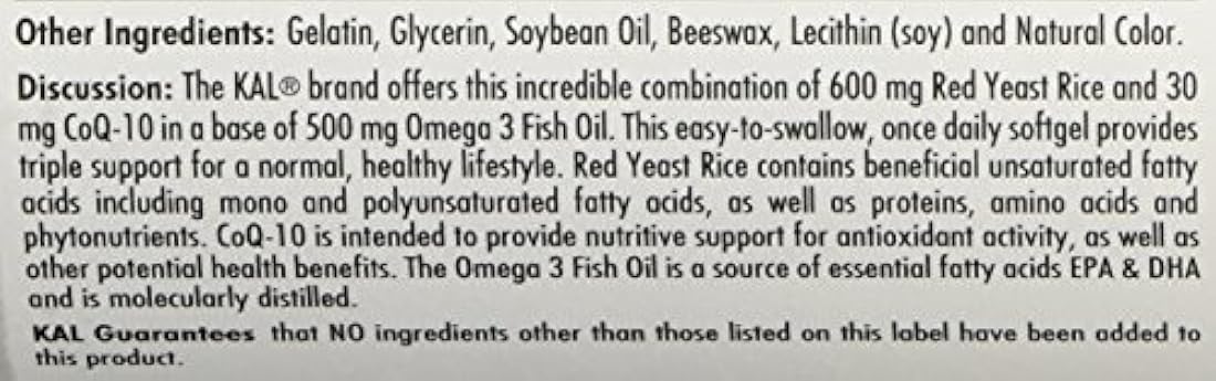 Kal levadura roja de arroz CoQ10 Omega 3, 60 unidades