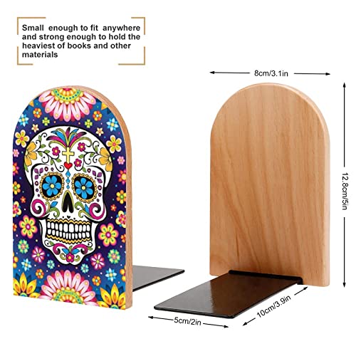 Flower Paisley Sugar Skull Cute Book EndsWooden Bookends Holder for Shelves Books Divider Modern Decorative 1 Pair