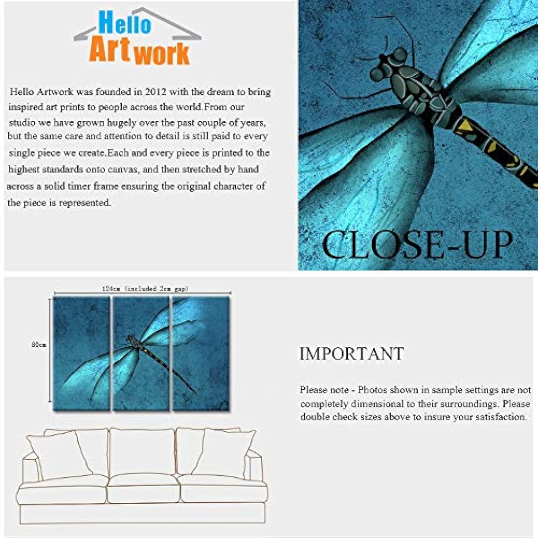 3 piezas de lienzo para pared, diseño abstracto de libélula