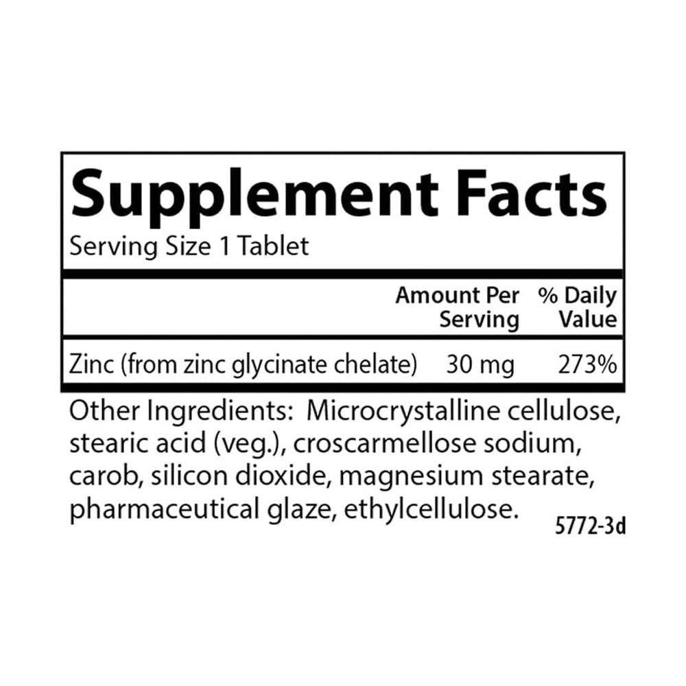 Suplemento Zinc quelado 30 mg antioxidante 250 tabletas