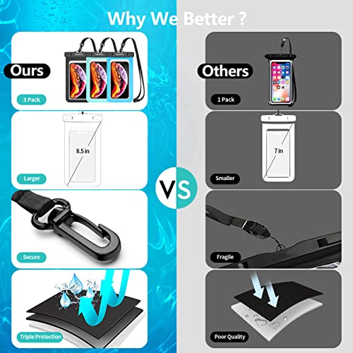 FUNDA impermeable para teléfono celular: paquete de 3 fundas universales a prueba de agua con cordón para el cuello, soporte transparente subacuático para teléfono celular, protector grande para iPhone Samsung Galaxy para playa, piscina, natación