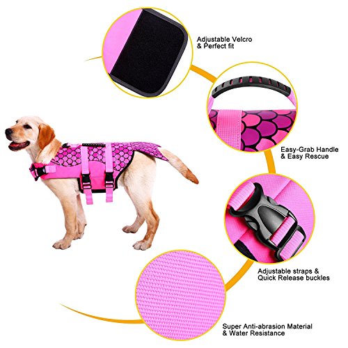Queenmore - Chaleco salvavidas para perros pequeños, medianos, grandes, estilo pescado, chaleco flotante con mango de goma suave ajustable, XS, Rosado pez