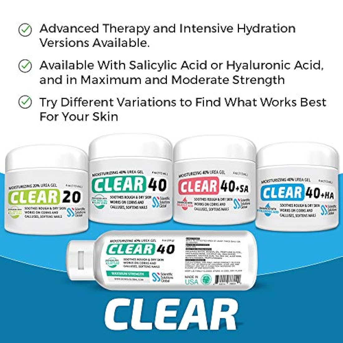 Clear 40, 40% Urea Gel, 4 oz con árbol de té y aceite de coco, extracto de aloe vera, removedor de callos y maíz, hidrata y suaviza los talones agrietados, pies, codos, manos, uñas, rehidrata la piel mejor que las cremas.