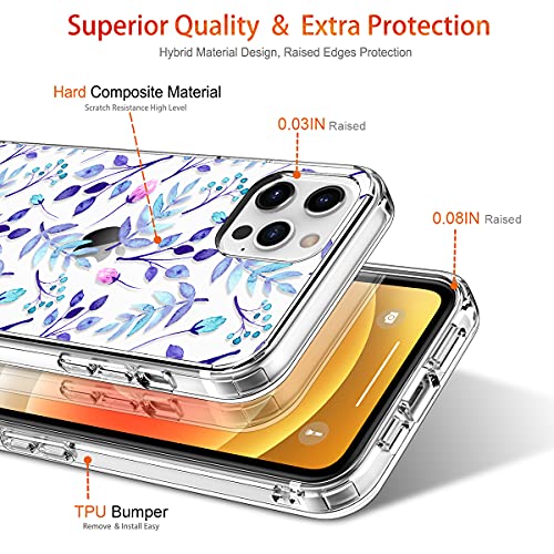 GiiKa Funda para iPhone 12 Pro Max con protector de pantalla, transparente de cuerpo completo a prueba de golpes de protección floral niñas mujeres caso duro con TPU parachoques cubierta teléfono caso para iPhone 12 Pro Max, azul floral