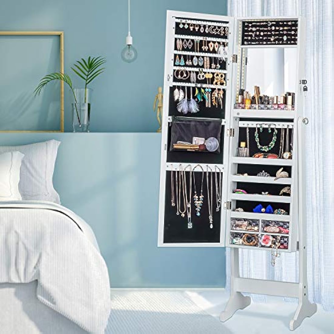 Armario para joyas con luz LED, espejo de pie